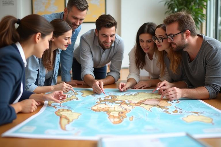 Team of askolbas travel agents planning a route on a map
